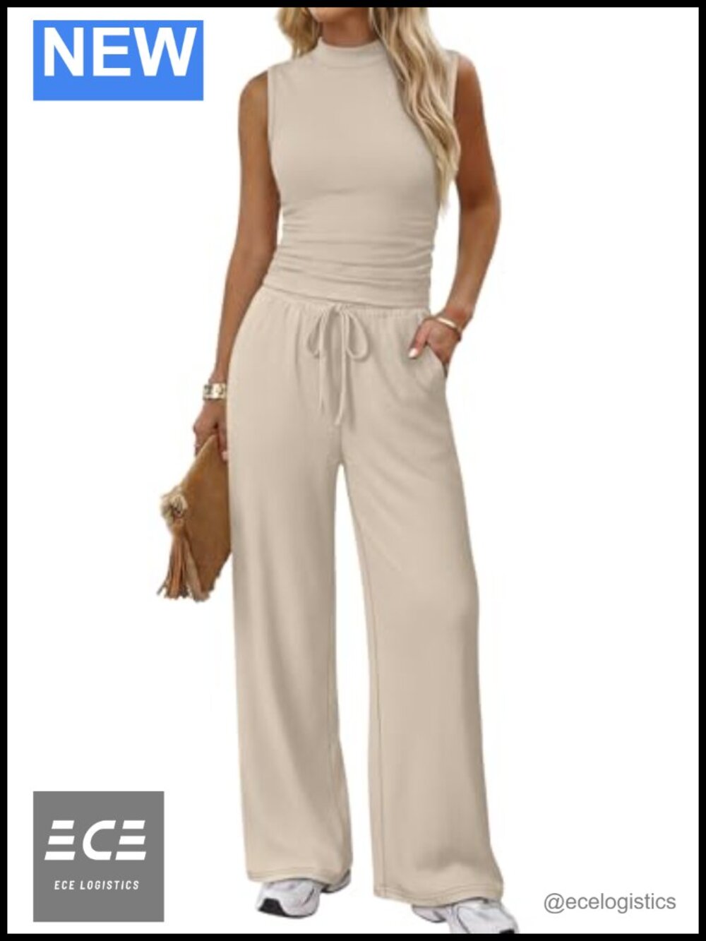 Two Piece Set Ribbed Mock Neck Sleeveless Top Wide Leg Pants Travel